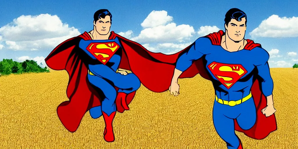 Prompt: superman is cutting wheat in a wheat field