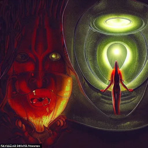 Image similar to inside an an alien spaceship there is a buddhist female demon glowing in red, amber, golden and blood falling from its mouth, ultrarrealistic
