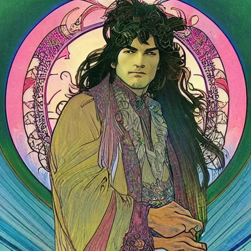 Prompt: “colorfull artwork by Franklin Booth and Alphonse Mucha and Moebius showing a portrait of Led Zepplin”