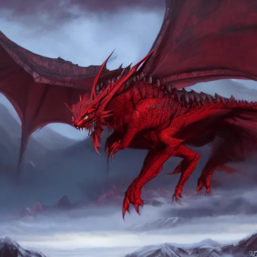 Prompt: a giant red dragon sitting on blizzardy mountains, Matte painting , detailed painting, made by Greg Rutkowski, 4k resolution, atmospheric, extremely high detail