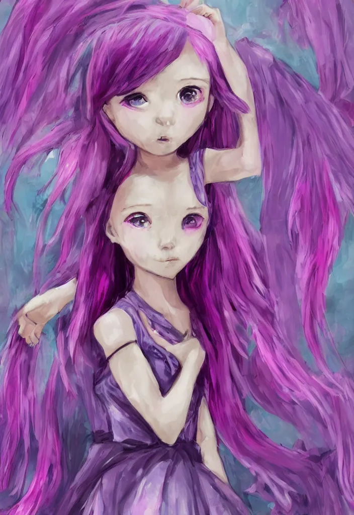 Image similar to little girl with eccentric pink hair wearing a dress made of purple feather, art by dcwj