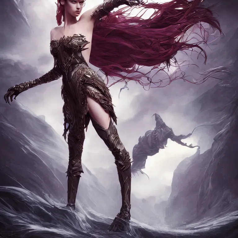 Prompt: beautiful cinematic fantasy poster, a beautiful fashion model wearing haute couture in dynamic pose, extreme long shot, hybrid from The Elden Ring and art direction by Darius Zawadzki ;by artgerm; wayne reynolds art station; cinematic quality character render; low angle; ultra high quality model; production quality cinema model;