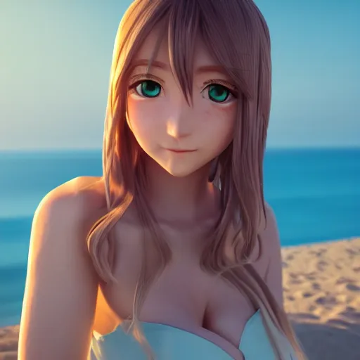 Image similar to Render of a very beautiful 3d anime girl, long hair, hazel eyes, cute freckles, full round face, short smile, cute sundress, golden hour, serene beach setting, medium shot, mid-shot, highly detailed, trending on Artstation, Unreal Engine 4k