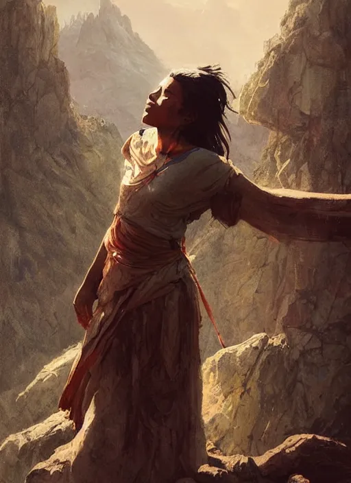 Prompt: a young indigenous woman at the top of a mountain, with arms wide open, art by greg rutkowski