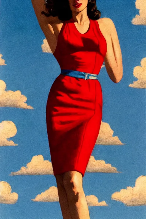 Image similar to full body portrait of gal gadot in the style of bill medcalf, red dress, blue sky with a few clouds, retro, 1 9 5 0, 4 k, detailed, headroom, rule of thirds