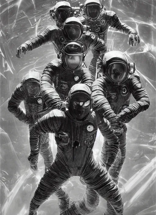 Image similar to astronauts in dark and empty void underwater - complex and hyperdetailed technical suit. reflection and dispersion materials. rays and dispersion of light. volumetric light. 5 0 mm, f / 3 2. noise film photo. flash photography. ultra realistic, wide angle. poster by wayne barlowe, hajime sorayama aaron horkey, craig mullins