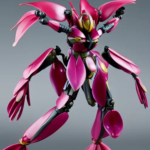 Image similar to futuristic caleana major mecha flying duck orchid body, sepals forming helmet, floral details, caleana major, 8 k hd resolution, barbatos gundam with floral inlay, bandai box art, star wars, makoto kobayashi, frank gehry, raymond swanland