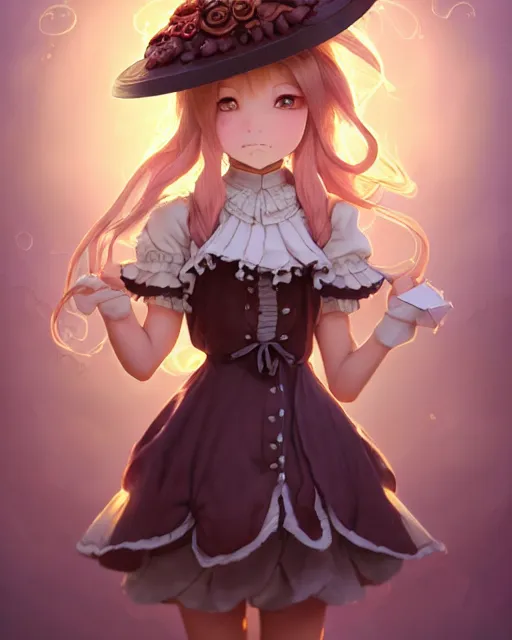 Prompt: a girl as ( fantasy personification of chocolate cupcake ), character design, cute hats, victorian inspired clothing, unreal engine, highly detailed, smooth, digital illustration by artgerm, tooth wu, studio ghibli, sharp focus, artstation. ribbons, fractal swirls. a fantasy bakery by studio ghibli, makoto shinkai, global illumination, sweets, blender, maya 8 k