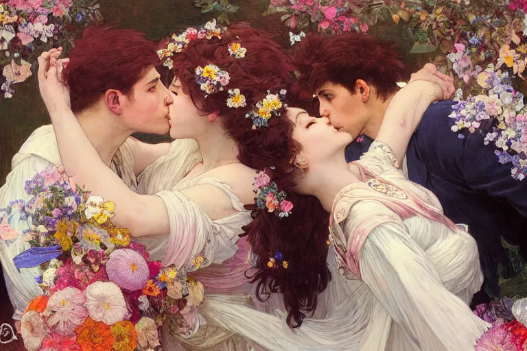 Image similar to the groom kisses the bride at a wedding full of flowers, bright and happy, dreamlike art, highly detail, 4 k realistic, wedding photoy krenz cushart. artem demura. alphonse mucha. yoji shinkawa artgerm. jon lothian. danilo torres. adi meyers. thomas reimann. gaston bussiere.