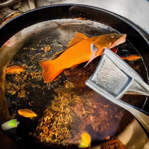 Prompt: holding a skillet with a fish inside above a small garbage fire, first person view, pov, 40mm photo