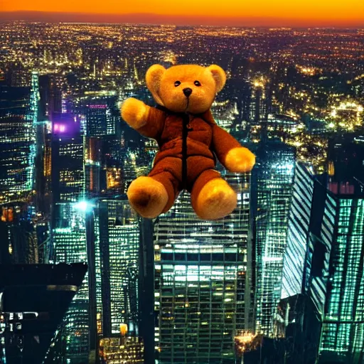 Prompt: photo of teddy bear skydiving onto skyscrapers at night, cinematic, 4 k, highly detailed