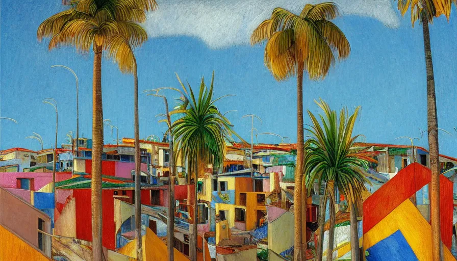 Prompt: 1 9 9 8 brazilian favela designed by arthur bispo do rosario, jules bastien - lepage, tarsila do amaral, frank weston and gustave baumann, trending on artstation, mediterranean, palm trees, brutalism, sharp focus, colorful refracted sparkles, star lines, soft light, 8 k