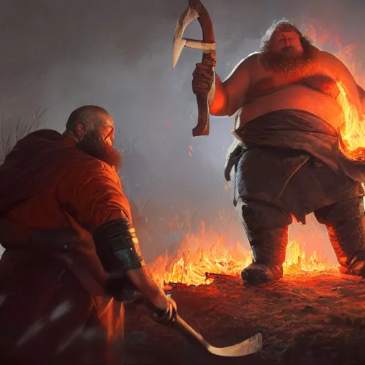 Prompt: a big fat man with a giant fire axe, realistic, 8 k, extremely detailed, cgi, trending on artstation, hyper - realistic render, by greg rutkowski