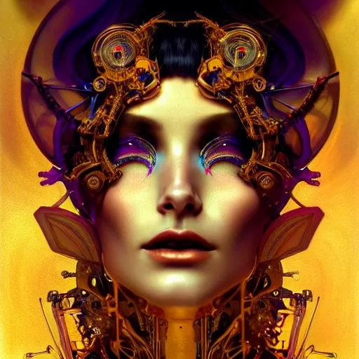 Prompt: extremely psychedelic beautiful cyborg queen of lsd infected by night. intricate, elegant, highly detailed, extremely lifelike photorealistic digital painting, artstation. steichen, gaston bussiere, tom bagshaw, cyberpunk alphonse mucha. elegant minimalism. anatomically correct. sultry murderous rage. sharp focus. gold and black hallucination. lifelike