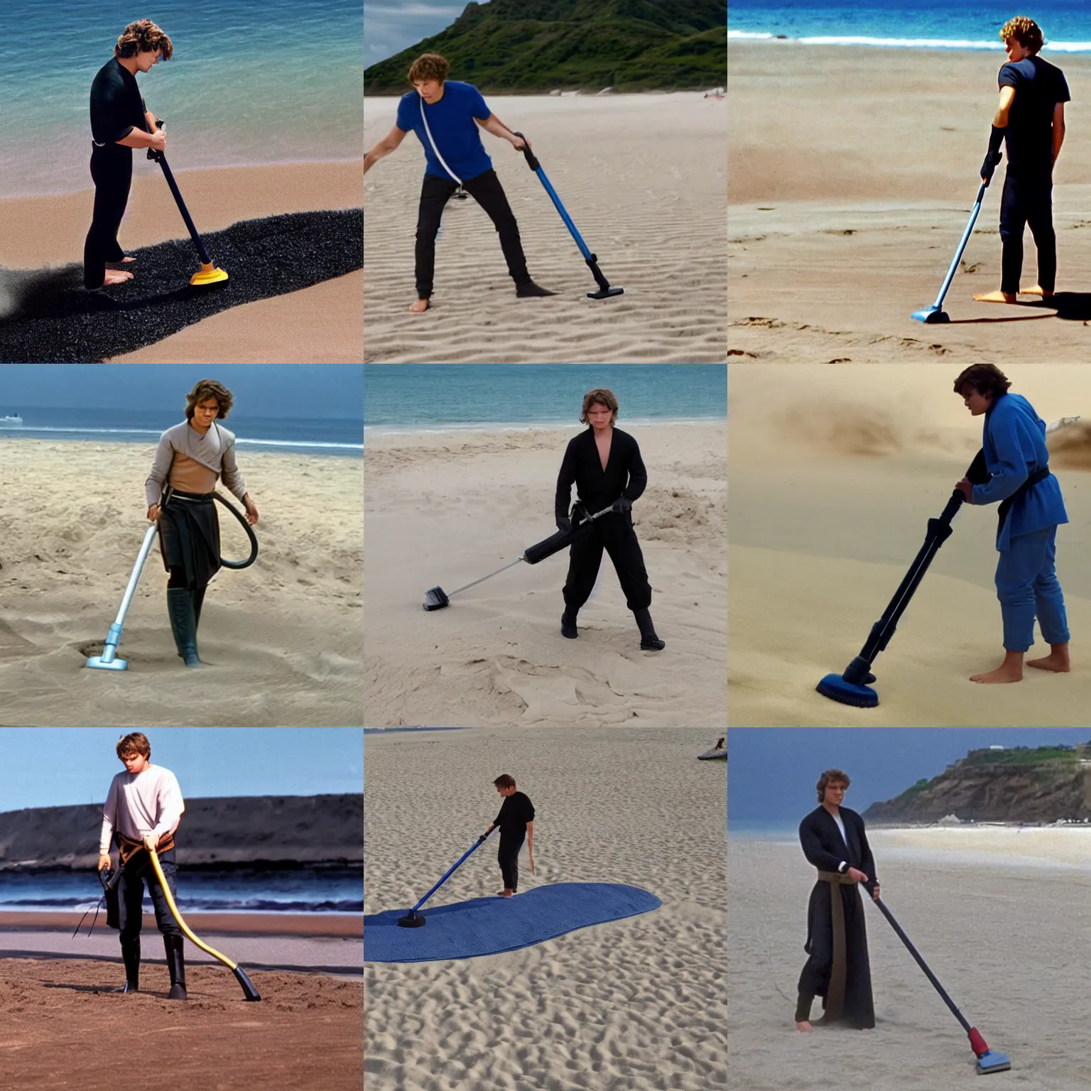 Prompt: Anakin Skywalker vacuuming the beach to remove sand
