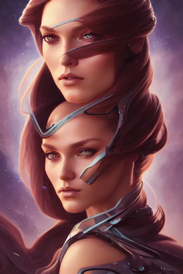 Image similar to futuristic woman portrait, sci-fi, amber eyes, face, long hair, fantasy, intricate, elegant, highly detailed, digital painting, artstation, concept art, smooth, sharp focus, illustration, art by artgerm and greg rutkowski and alphonse mucha