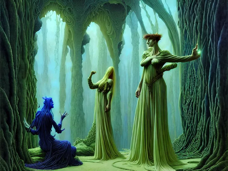 Prompt: the female arcanist and the male artificer by ferdinand knab and roger dean and brom and zdzisław beksinski and greg staples and louis janmot, beautiful, flowing magical robe, highly detailed, hyperrealistic, intricate, energy, electric, blue flame, low light, green crystal, high contrast, submissive, lifelike