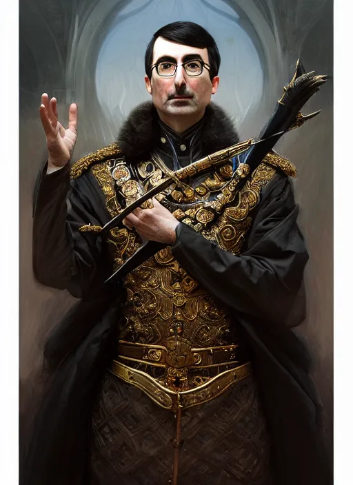 Prompt: portrait of supreme leader john oliver as stoic king, royalty, extravagant, lord, full body, military uniform, fantasy, intricate, elegant, beautiful, highly detailed, charcoal, centered, dark, smokey, digital painting, artstation, concept art, art by artgerm and greg rutkowski and alphonse mucha