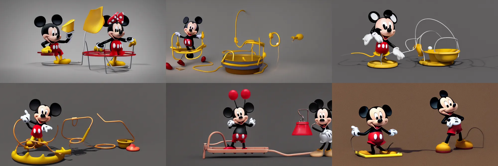 Prompt: mickey mouse trapped in a spring mousetrap, 3D, arnold 3 materials, octane render engine, by pixar and disney, black background