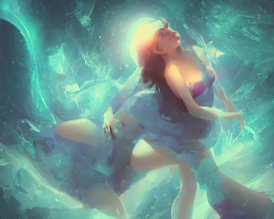 Prompt: beautiful seductive girl standing in a lake basking in the moonlight, using magic, under a multi-colored binary blackhole with an accretion disc, glowing trails following her arms, wearing professional makeup, acidwave, by Lois van Baarle, by Greg Rutkowski, by artgerm, by beeple, by studio ghibli, cinematic angle, volumetric lighting, 4k resolution, octane render, trending on artstation, masterpiece