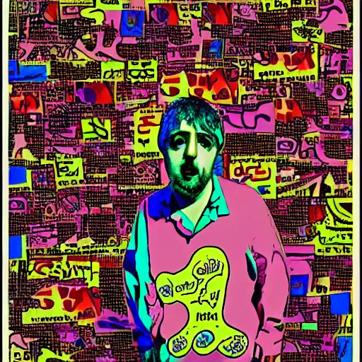 Image similar to daniel johnston in the style of daniel johnston and outsider art, 4k, overlaid with arabic adverts and text