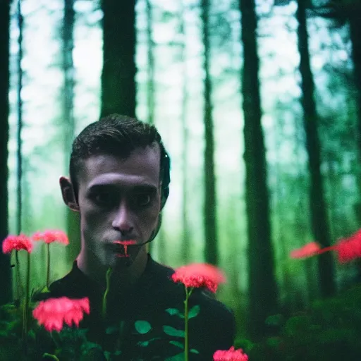 Image similar to close up kodak portra 4 0 0 photograph of a skinny guy standing in dark forest, face covered in flowers, moody lighting, telephoto, 9 0 s vibe, blurry background, vaporwave colors, faded!,