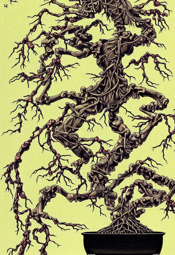 Image similar to prompt: anatomy dissection drawing skeleton Bonsai tree drawn by Takato Yamamoto, bonsai skeleton anatomy atlas, veins and organs attached to tree roots, alchemical objects inspired by 1980's sci-ci, old experimentation cabinet, intricate oil painting detail, manga 1980