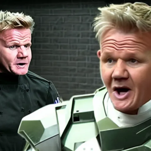 Prompt: gordon ramsay shouting at master chief from halo kitchen nightmares, master chief halo guy