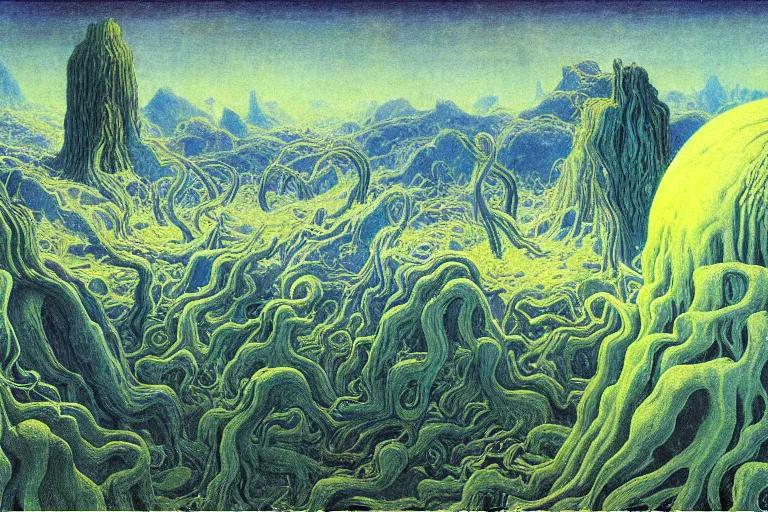 Image similar to lovecraftian landscape, another world by Jean Delville and Roger Dean