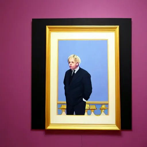 Image similar to a fine art portrait of british prime minister boris john wearing a tracksuit. in the style of edward hopper, richard hamilton and stanley kubrick.