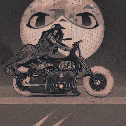 Prompt: a colorful comic noir illustration of a hot tattooed women riding a motorcycle through a post-apocalyptic desert by Queens of the Stone Age and sachin teng, dark vibes, street art, cinematic, high contrast, depth of field