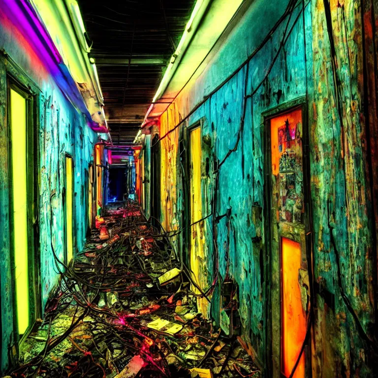 Prompt: dark decaying hallway filled with old televisions, wires and rebar hanging from ceiling and walls, obscured hooded person walking, neon colored fluorescent lighting, neon colored haze, vibrant colors, high detail, swampy atmosphere, liminal space,