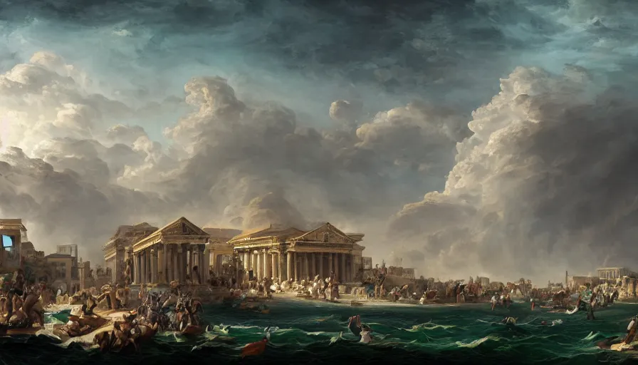 Prompt: baroque painting of athens underwater after a tsunami, hyperdetailed, artstation, cgsociety, 8 k