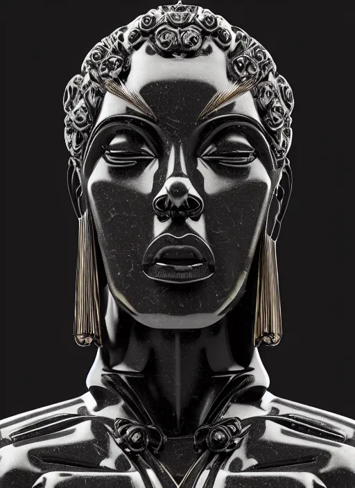 Image similar to stylized onyx black gold lines ornate statue full body made of marble of judas, perfect symmetrical body, perfect symmetrical face, hyper realistic, hyper detailed, by johannen voss, by michelangelo, octane render, blender, 8 k, displayed in bright studio room art deco