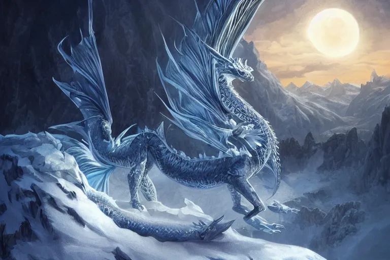 Prompt: Ice Dragon on a beautiful fantasy landscape, mountainside, winter, moonlit, HD, illustration, epic, D&D, fantasy, intricate, elegant, highly detailed, digital painting, artstation, concept art, smooth, sharp focus, illustration, wallpaper, art by artgerm and greg rutkowski and alphonse mucha and jin xiaodi