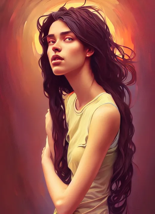 Image similar to handsome young black women with shoulder length brown hair, half body shot, path traced, highly detailed, high quality, digital painting, alena aenami, lilia alvarado, shinji aramaki, karol bak, alphonse mucha, tom bagshaw