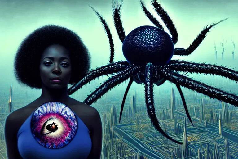 Image similar to realistic detailed photorealistic film portrait shot of a beautiful black woman with a giant spider, sci - fi city landscape background by denis villeneuve, amano, yves tanguy, alphonse mucha, ernst haeckel, andrei tarkovsky, edward robert hughes, roger dean, necklace, dynamic pose, rich moody colours, wide angle, blue eyes