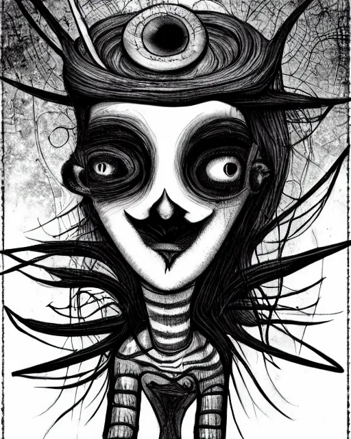 Prompt: a b & w grunge drawing of a pleiadean extraterrestrial, in the style of ryan hewett and a tim burton character, loony toons style, horror themed, detailed, elegant, intricate, trending on artstation, 4 k