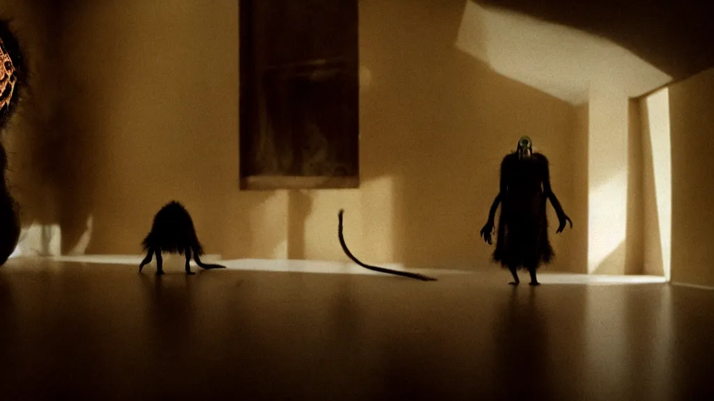 Image similar to the creature on the house in the house, film still from the movie directed by denis villeneuve and david cronenberg, with art direction by salvador dali, wide lens