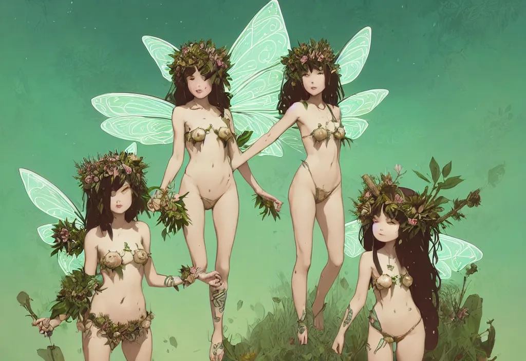 Prompt: two cute fairy girls with crown of flowers in plants bikini covered with celtic rune tattoos, fantasy, by atey ghailan, by greg rutkowski, by greg tocchini, by james gilleard, by joe gb fenton, by in kaethe butcher, dynamic lighting, gradient light green, brown, blonde cream and white color in scheme, grunge aesthetic
