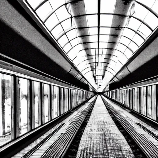 Image similar to a inside of a train hallway the train hallway is empty and train is moving the window view is a sunset view of a beautiful landscape