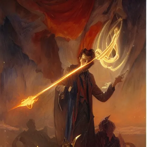 Image similar to attractive magician casts dark spell, summoning attractive lucifer morningstar. highly detailed painting by gaston bussiere, craig mullins, j. c. leyendecker 8 k