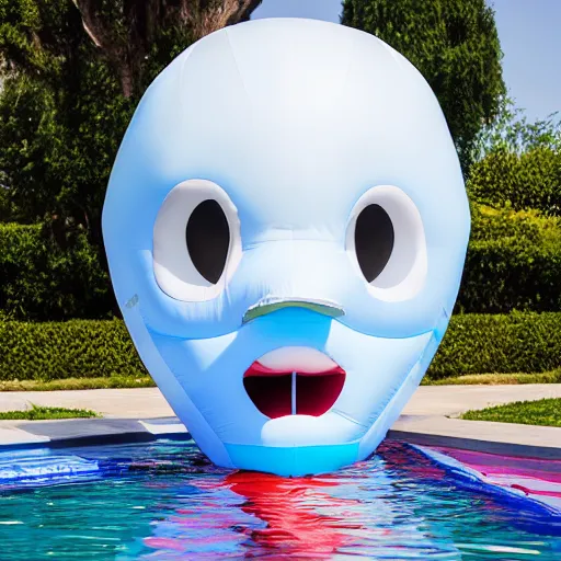 Prompt: a giant inflatable pool toy human head with open mouth on realistic water, long shot, hyper detailed, hyper realistic, ray tracing, 8 k resolution, sharp focus, realistic water, award winning