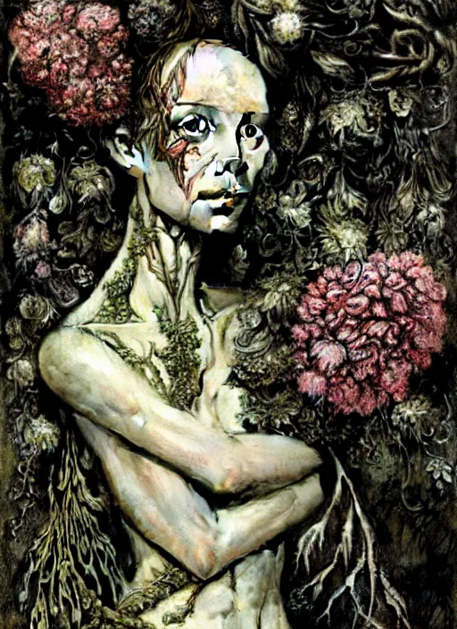 Prompt: beautiful and detailed rotten woman made of plants and many different types of flowers, muscles, intricate, organs, ornate, surreal, john constable, guy denning, dan hillier, sorolla