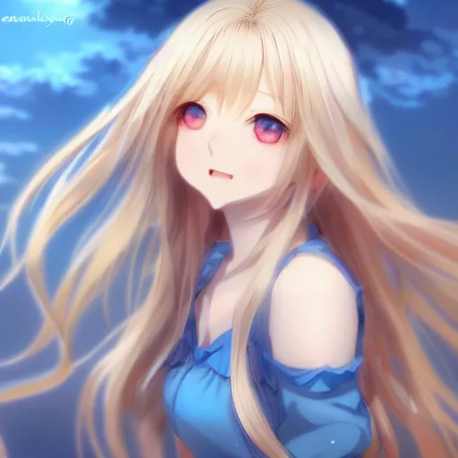 Image similar to a very beautiful anime cute girl, full body, long wavy blond hair, sky blue eyes, full round face, short smile, fancy top, miniskirt, front view, medium shot, mid-shot, highly detailed, cinematic wallpaper by Stanley Artgerm Lau