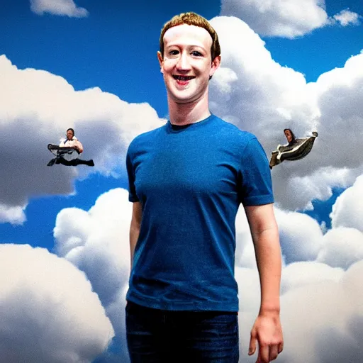 Image similar to photo of mark zuckerberg learning to fly in the clouds, realistic, highly - detailed, sharp focus, award - winning