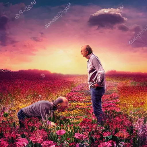 Image similar to a man is white and balding, and middle aged, and the other man is latino and skinny, together in a field of flowers at sunset, realistic, intricate, 4k