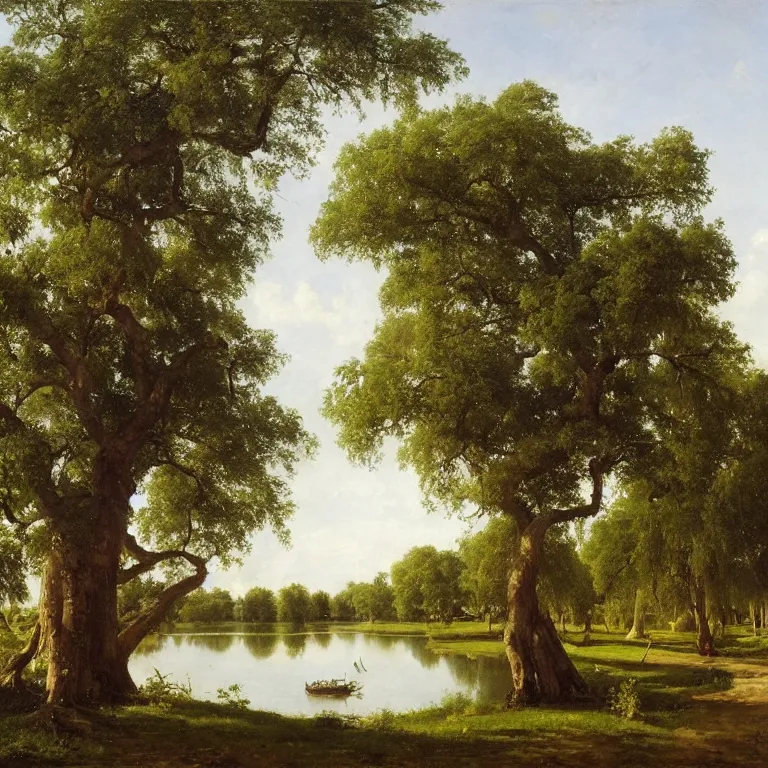 Prompt: banyan trees by the pond, boys and girls, oil on the canvas, summer day, by ivan ivanovich shishkin, 8 k