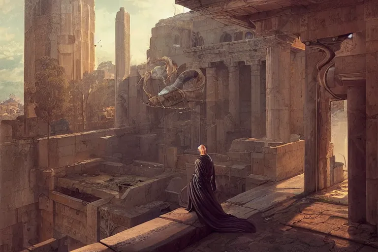 Prompt: a male in futuristic clothing looking at ancient renaissance athens through a time travel machine window, scifi, serene, refined, by wlop, peter mohrbacher, jakub rebelka, visually stunning, beautiful, masterpiece