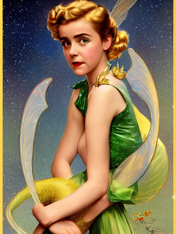 Image similar to kiernan shipka as tinkerbell, a beautiful art nouveau portrait by Gil elvgren, moonlit starry sky environment, centered composition, defined features, golden ratio, gold jewlery, photorealistic professionals lighting, cinematic, sheer